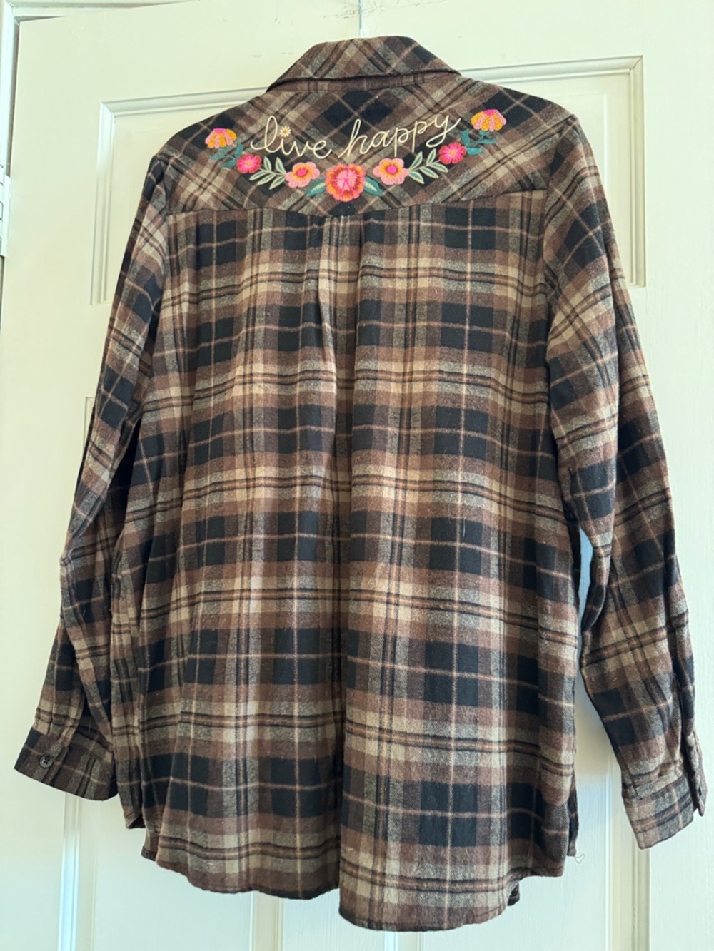 NATURAL LIFE Live Happy Embroidered Plaid Button Up Shirt Brown Black